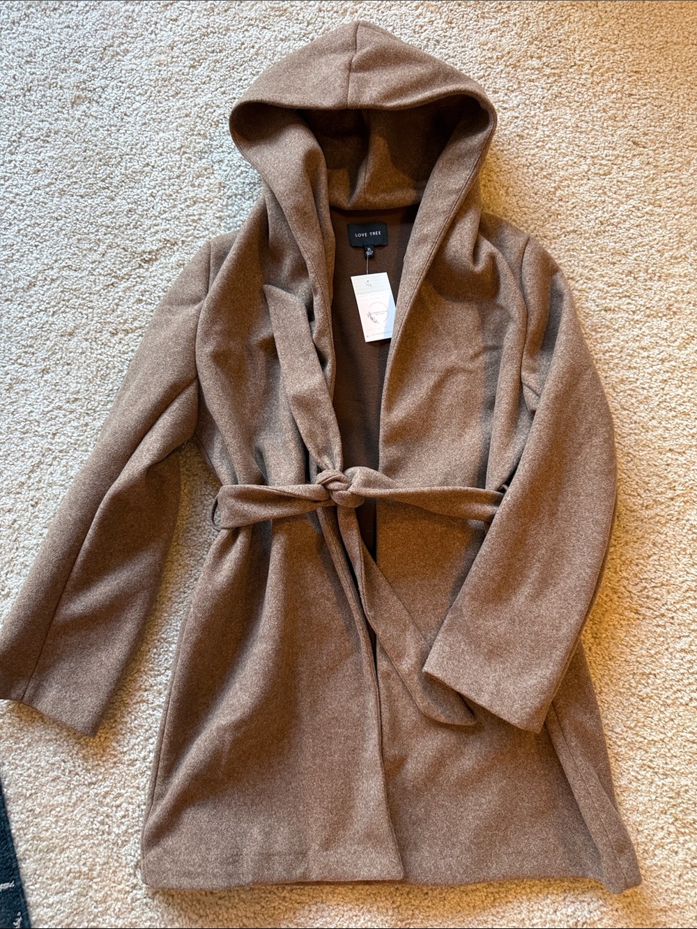 Love Tree Hooded Belted Trench Coat in Brown